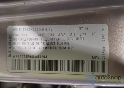 2004 Porsche Cayenne Turbo z USA, uszkodzony, nr VIN WP1AC29P94LA91103